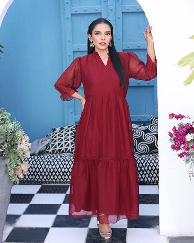 Flary Long Maroon Frock (FR-614N)